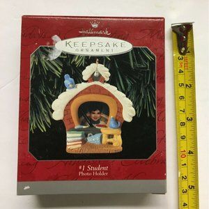 Christmas Ornament "#1 Student" School House Photo frame Hallmark 1998 QX6646
